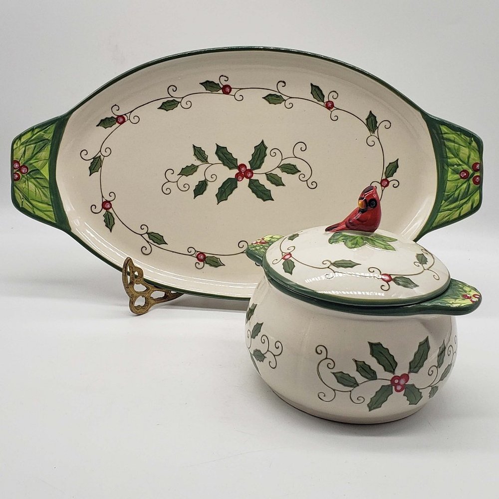 Temp-tations by Tara Cardinal Holly Sandwich Plate Platter & Soup Bowl Dip Set.